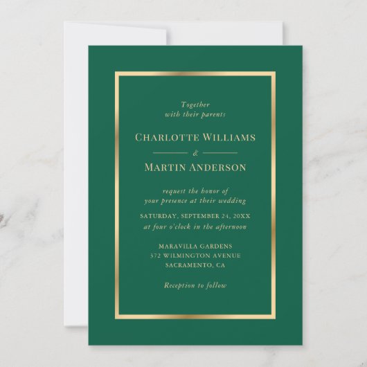Invitation Elegant Emerald Green and Gold Wedding (Devant)
