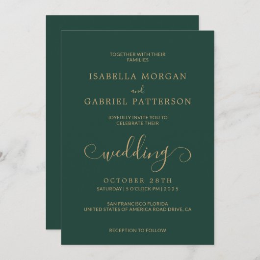 Invitation Élégant Emerald Green Calligraphy Script Mariage (Devant / Derrière)