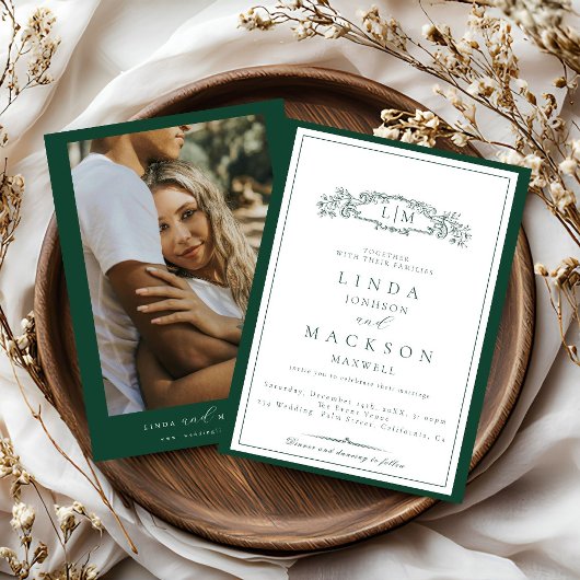 Invitation Elegant Emerald Green  Crest Monogram Wedding  