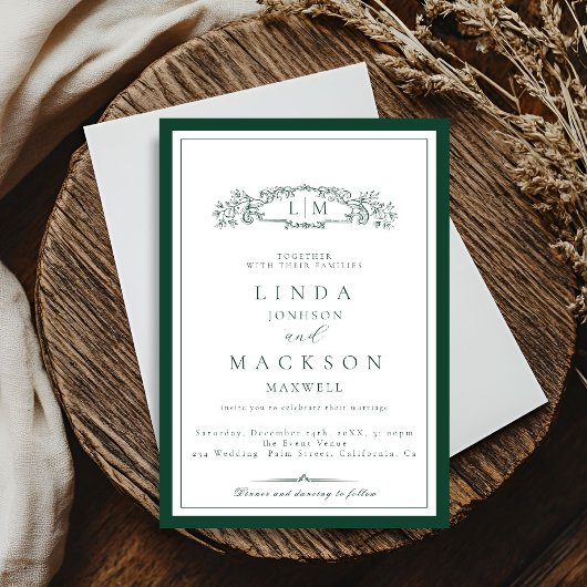 Invitation Elegant Emerald Green Crest Monogram Wedding