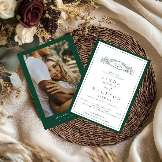 Invitation Elegant Emerald Green  Crest Monogram Wedding  