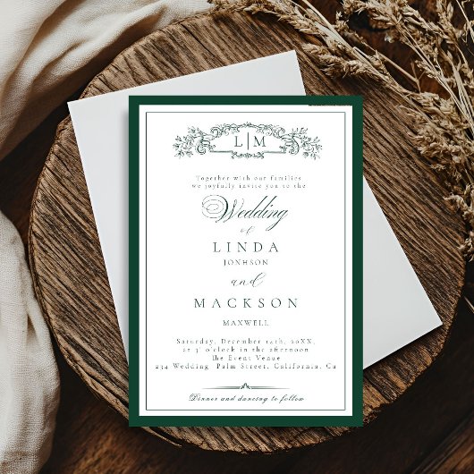 Invitation Elegant Emerald Green  Crest Monogram Wedding   In