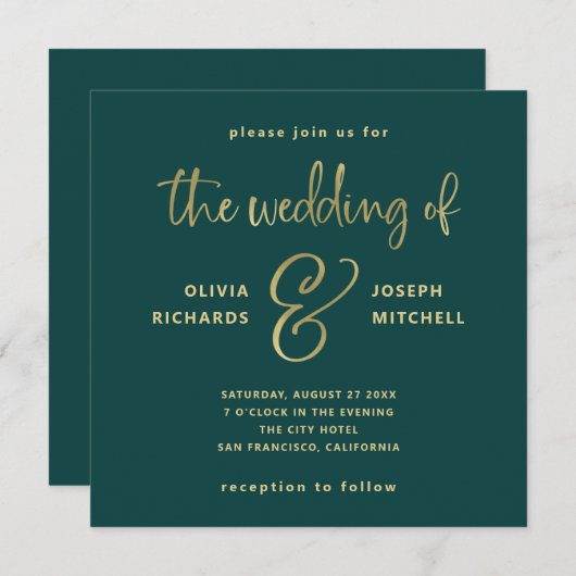 Invitation Élégant Emerald Green et Mariage Faux Gold (Devant / Derrière)