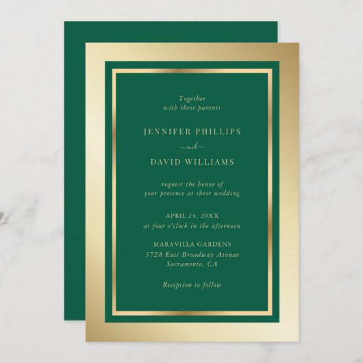 Invitation Élégant Emerald Green et Mariage or (Devant / Derrière)