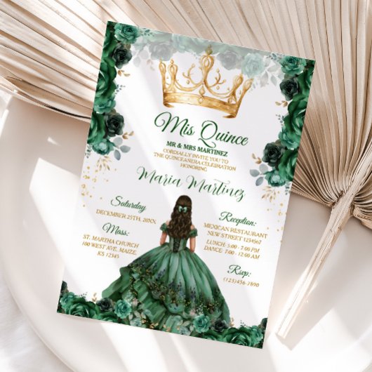 Invitation Élégant Emerald Green Floral Gold Crown Mis Quince