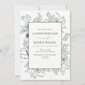 Invitation Élégant Emerald Green Floral Line Art Mariage (Devant)