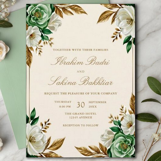 Invitation Élégant Emerald Green Floral Mariage musulman