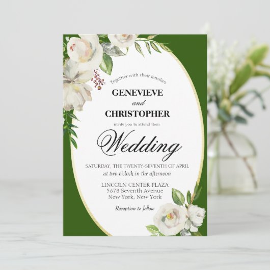 Invitation Élégant Emerald Green Floral Mariage or (Debout devant)