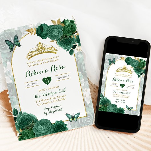 Invitation Élégant Emerald Green Floral Royal Quinceañera