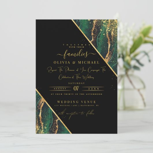 INVITATION ÉLÉGANT EMERALD GREEN FOIL ABSTRAIT AGATE MARIAGE (Debout devant)