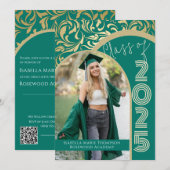 Invitation Élégant Emerald Green & Gold Arch Photo Graduation (Devant / Derrière)