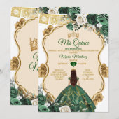 Invitation Élégant Emerald Green & Gold Crown Quinceañera (Devant / Derrière)