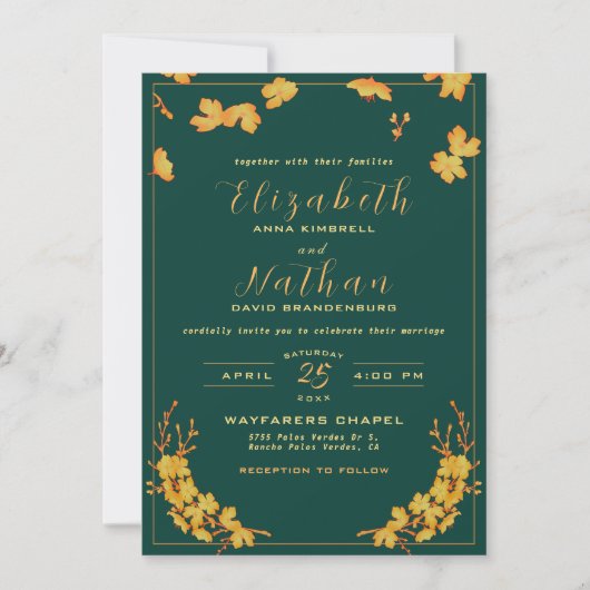 Invitation Élégant Emerald Green & Gold Floral Mariage (Devant)