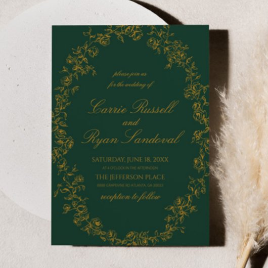 Invitation Elegant Emerald Green Gold Floral Roses Wedding
