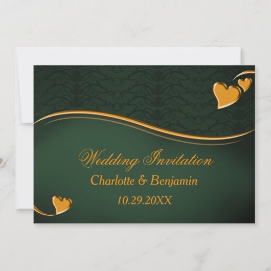 Invitation Élégant Emerald Green & Gold Heart Mariage (Devant)
