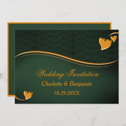 Invitation Élégant Emerald Green & Gold Heart Mariage (Devant / Derrière)