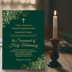 Invitation Élégant Emerald Green Gold Mariage catholique mode
