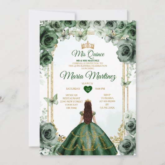 Invitation Élégant Emerald Green & Gold Mis Quince Sweet 16e (Devant)