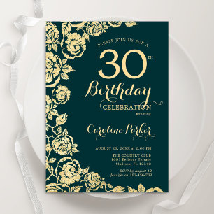 Invitation Élégant Emerald Green Gold Roses 30e anniversaire