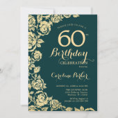 Invitation Élégant Emerald Green Gold Roses 60e anniversaire (Devant)