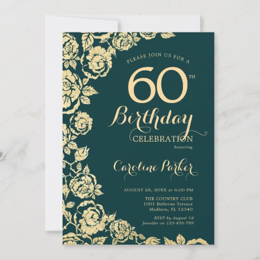 Invitation Élégant Emerald Green Gold Roses 60e anniversaire (Devant)