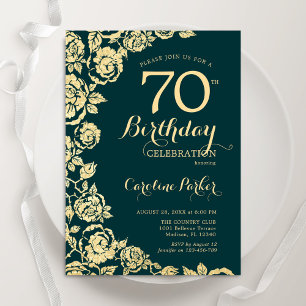 Invitation Élégant Emerald Green Gold Roses 70e anniversaire