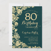 Invitation Élégant Emerald Green Gold Roses 80e anniversaire (Devant)