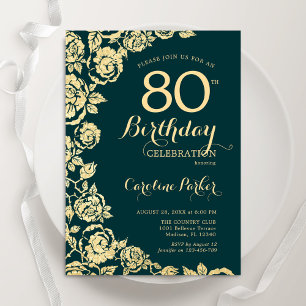 Invitation Élégant Emerald Green Gold Roses 80e anniversaire