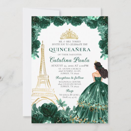 Invitation Elégant Emerald Green Gold Tiara Paris Quinceañera (Devant)