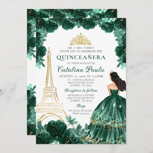 Invitation Elégant Emerald Green Gold Tiara Paris Quinceañera (Devant / Derrière)