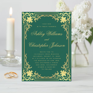 Invitation Élégant Emerald Green Gold Vintage Ornate Mariage