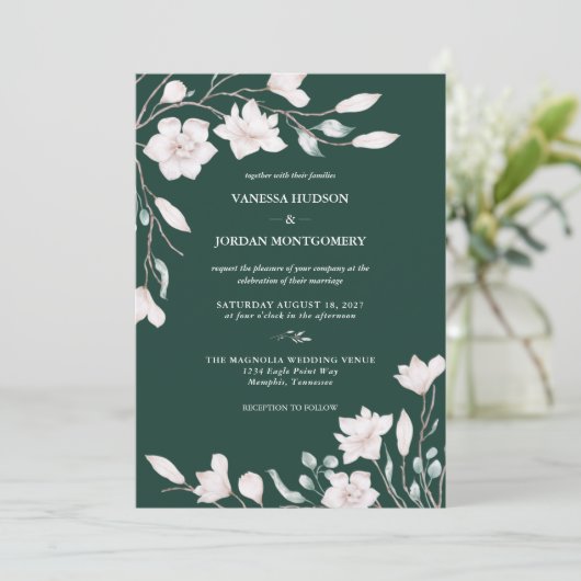 Invitation Élégant Emerald Green Magnolia Mariage (Debout devant)