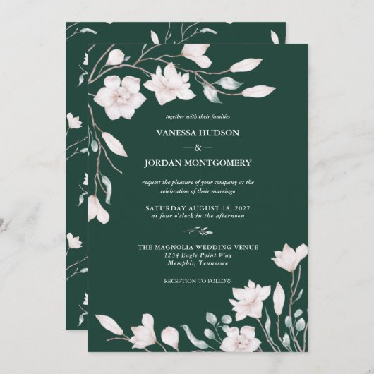 Invitation Élégant Emerald Green Magnolia Mariage (Devant / Derrière)