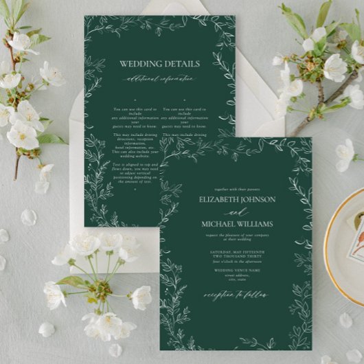 Invitation Elegant Emerald Green Minimal Leaf Details Wedding