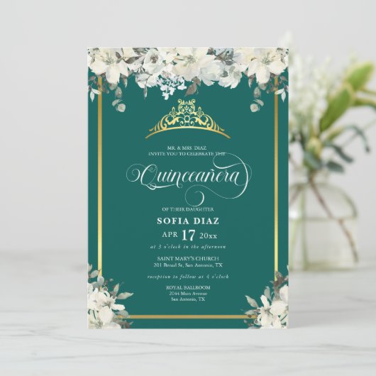 Invitation Élégant Emerald Green Photo QR Code Quinceañera (Debout devant)