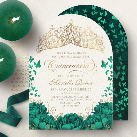 Invitation Élégant Emerald Green Princess Crown Quinceanera