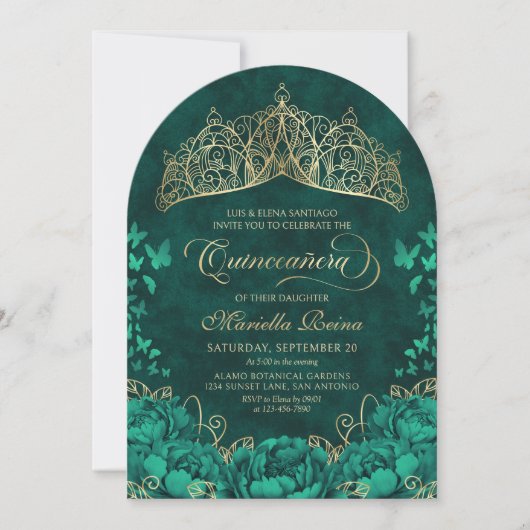 Invitation Élégant Emerald Green Princess Crown Quinceanera (Devant)