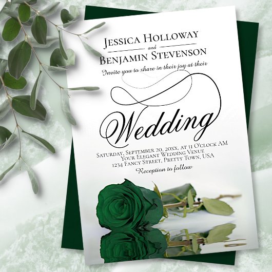 Invitation Élégant Emerald Green Rose Classy Script Mariage