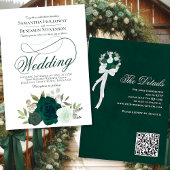 Invitation Élégant Emerald Green Roses Floral QR Code Mariage