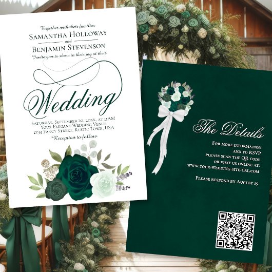 Invitation Élégant Emerald Green Roses Floral QR Code Mariage