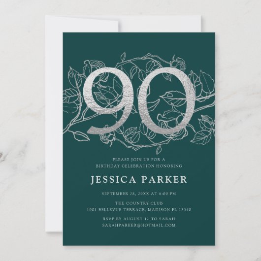 Invitation Elégant Emerald Green Silver 90e anniversaire (Devant)