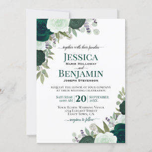 Invitation Élégant Emerald & Sage Green Roses Boho Mariage
