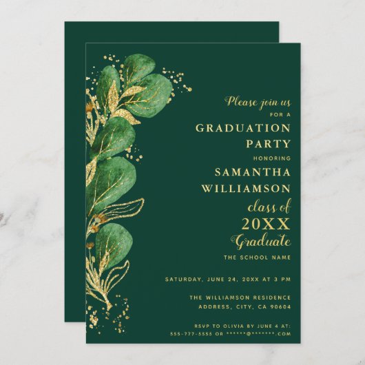 Invitation Élégant Émeraude Vert Eucalyptus 2025 Graduation (Devant / Derrière)