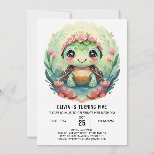 Invitation Elégant en ligne tortue fille Anniversaire (Devant)
