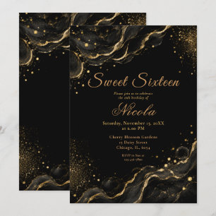 Invitation Élégant Encre Alcoolique Or Noir Sweet Sixteen
