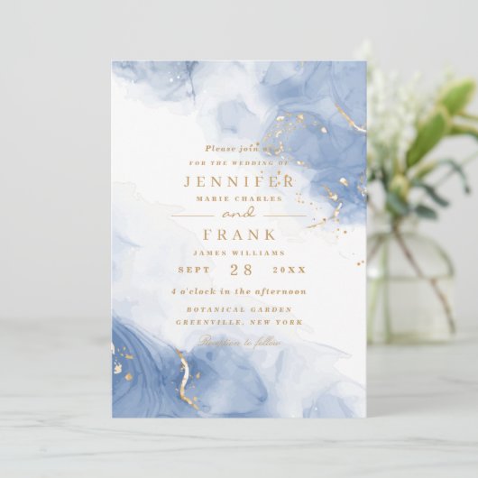 Invitation Élégant Encre d'alcool Or Bleu Minimal Blanc moder (Debout devant)