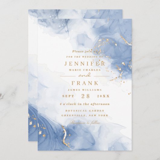 Invitation Élégant Encre d'alcool Or Bleu Minimal Blanc moder (Devant / Derrière)
