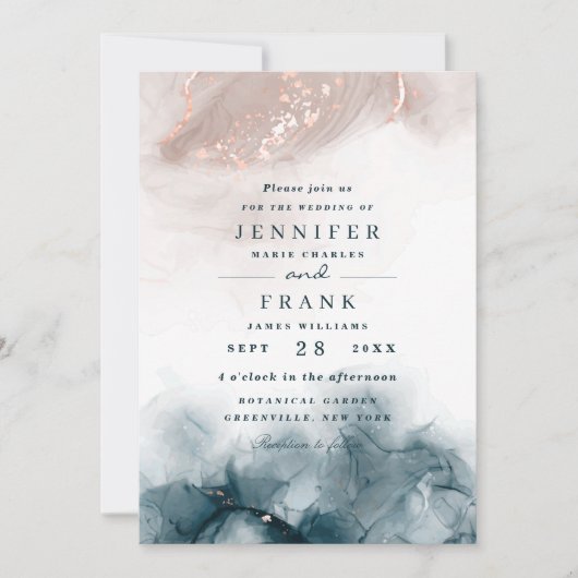 Invitation Élégant Encre d'alcool Or Blush Bleu moderne Maria (Devant)