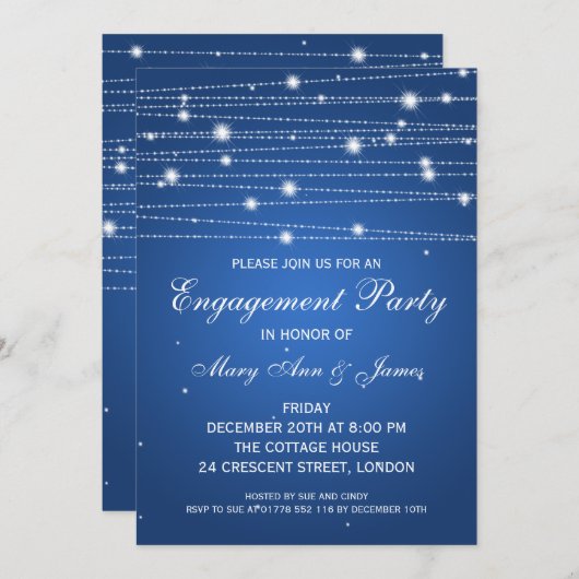 Invitation Élégant engagement Parti Sparkling Lines Saphire (Devant / Derrière)