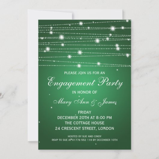 Invitation Élégant engagement Party Sparkling Lines Emerald (Devant)